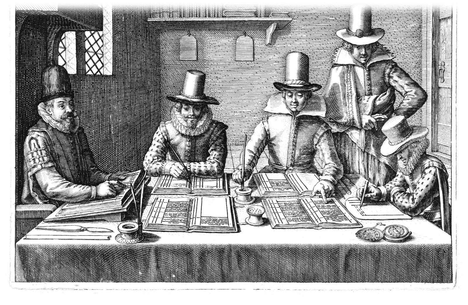 Engraving of bookkeepers checking ledgers