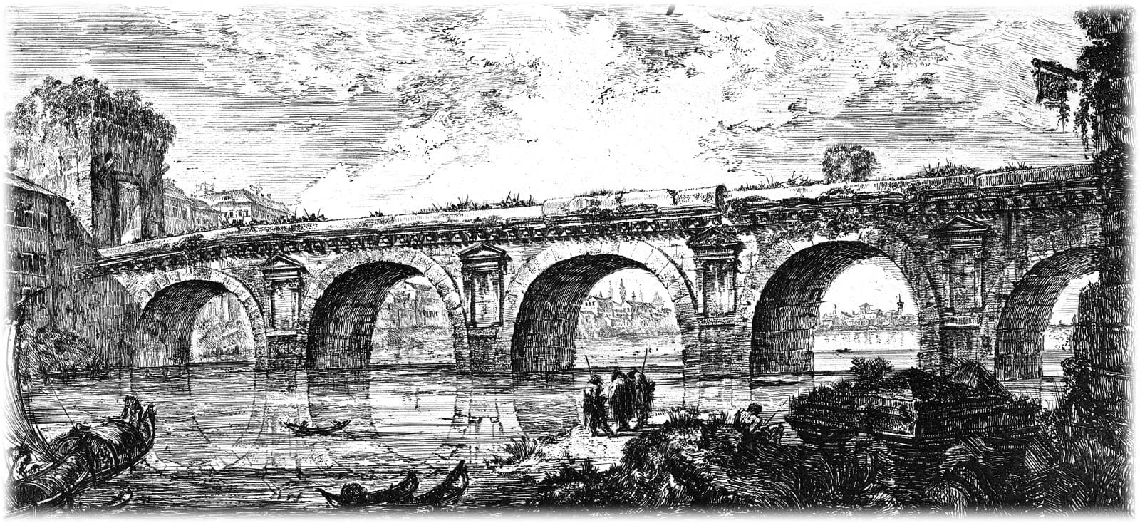 Piranesi engraving: the bridge at Rimini standing on its own, no centring