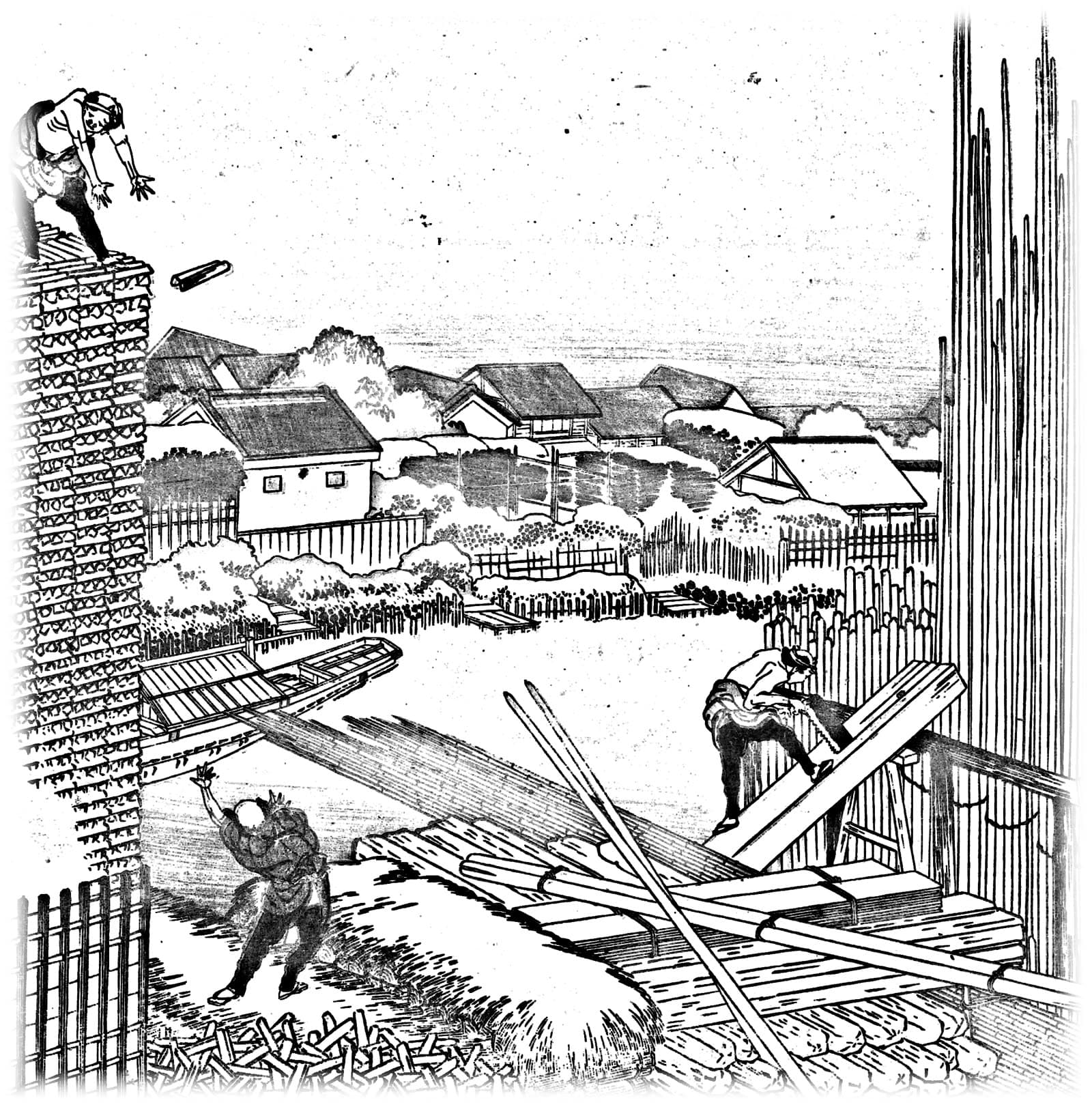 Hokusai print: sawyers at work in a timber yard at Tatekawa