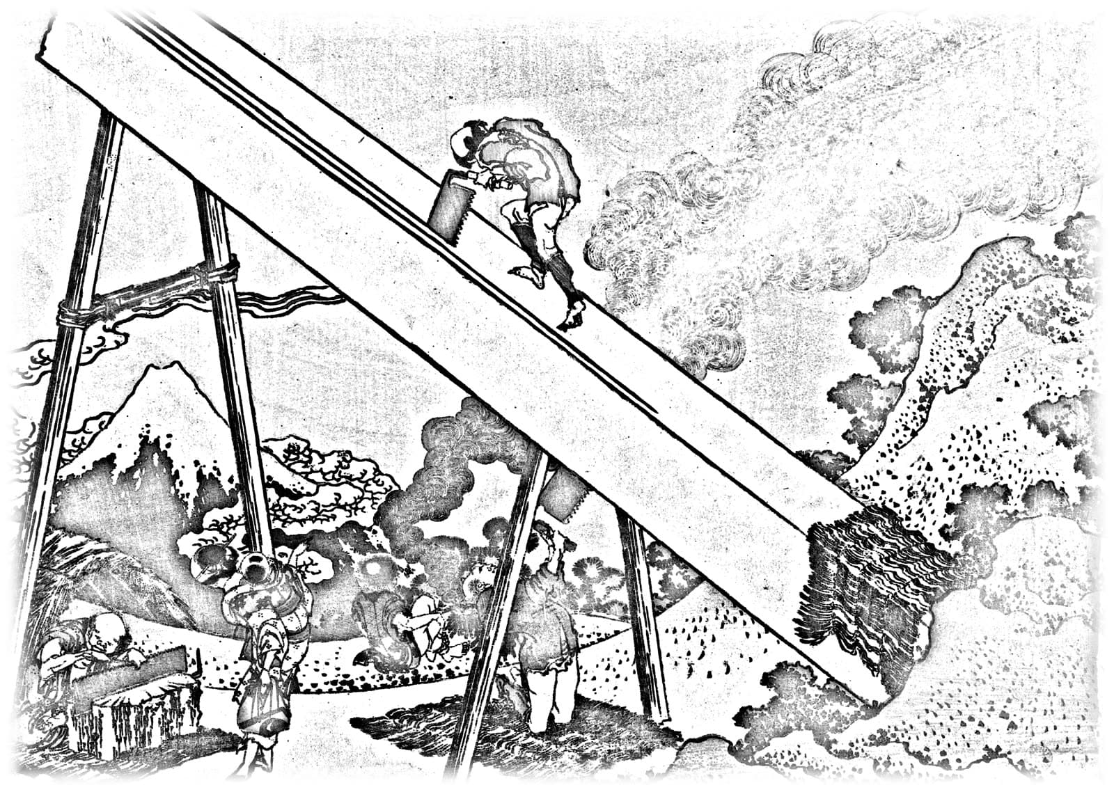 Hokusai print: sawyers in Tōtomi